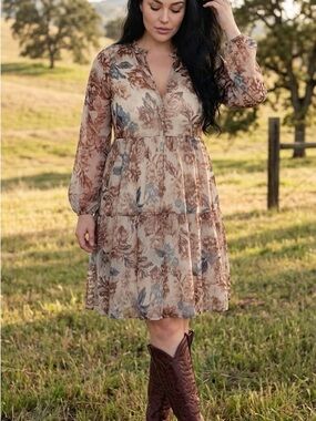 Tiered Long-Sleeve Dress in Neutral Floral